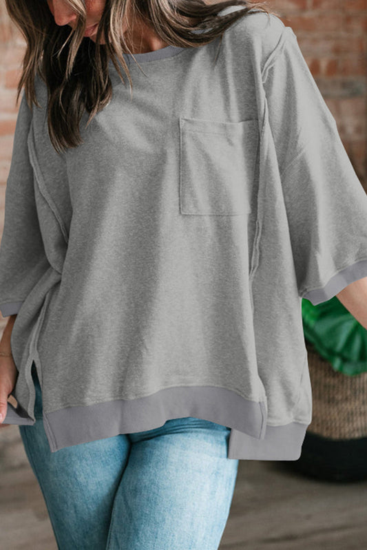 Light Grey Exposed Seam Pocket Side Split Loose T Shirt