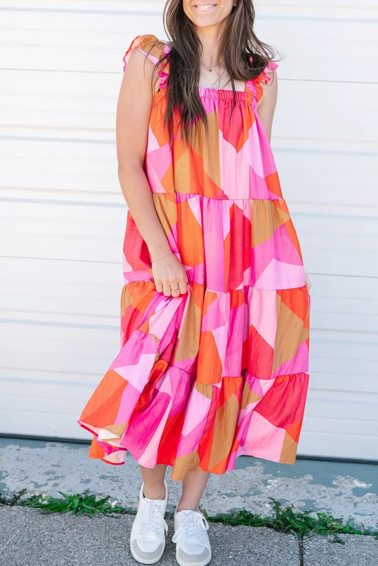 Multicolour Boho Geometric Ruffle Strap Tiered Midi Dress