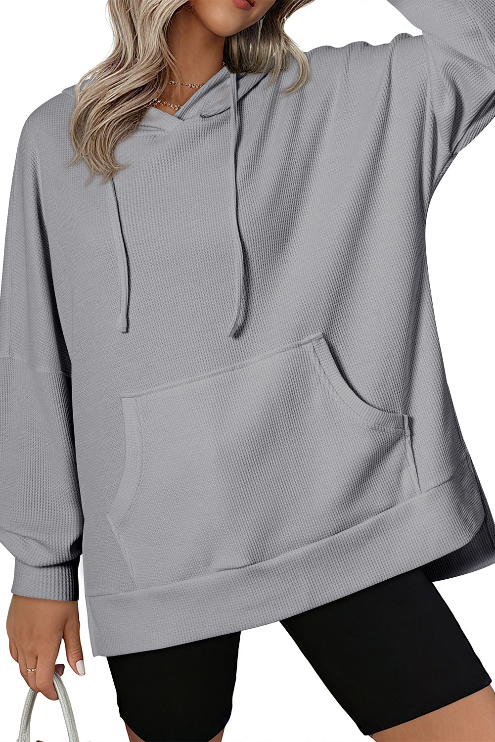 Gray Waffle Knit High Low Oversized Hoodie