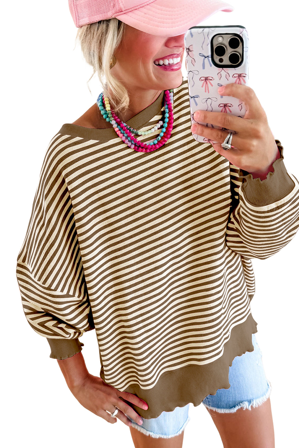 Brown Stripe Drop Shoulder Long Sleeve Top