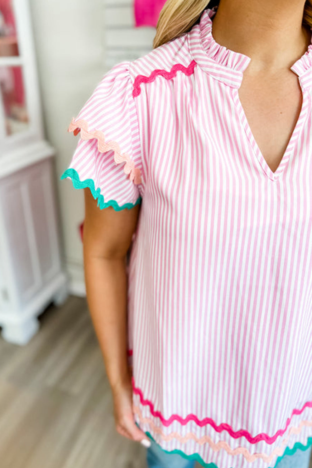 Pink Striped Ricrac Splicing Frill V-Neck Blouse