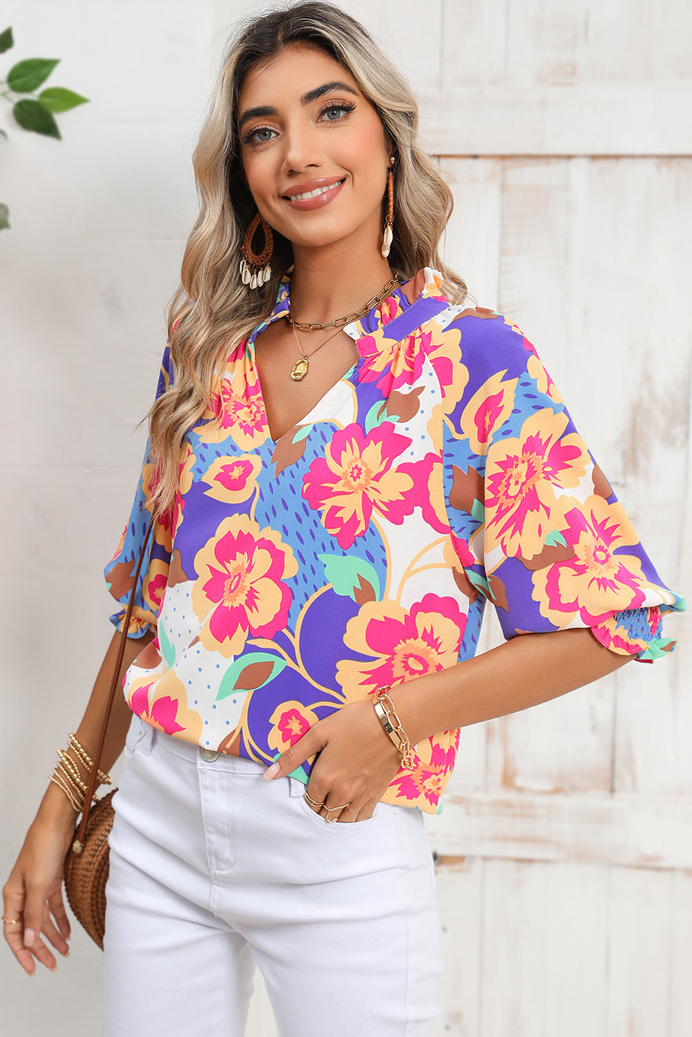 Rose Red Floral Frilled Split Neck Bubble Sleeve Blouse