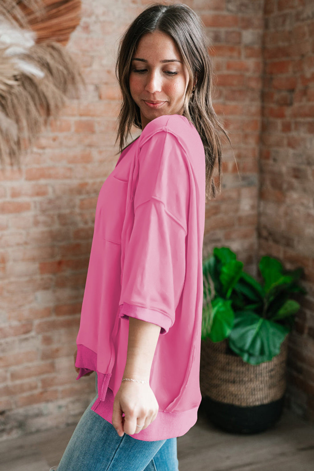 Light Grey Exposed Seam Pocket Side Split Loose T Shirt