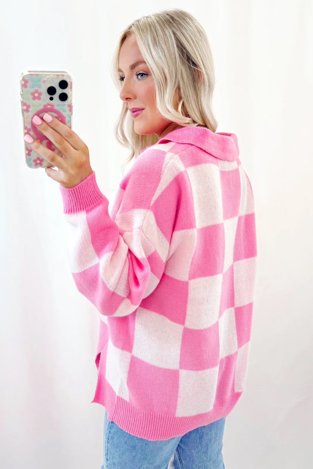 Pink Checkered Button Collared Sweater