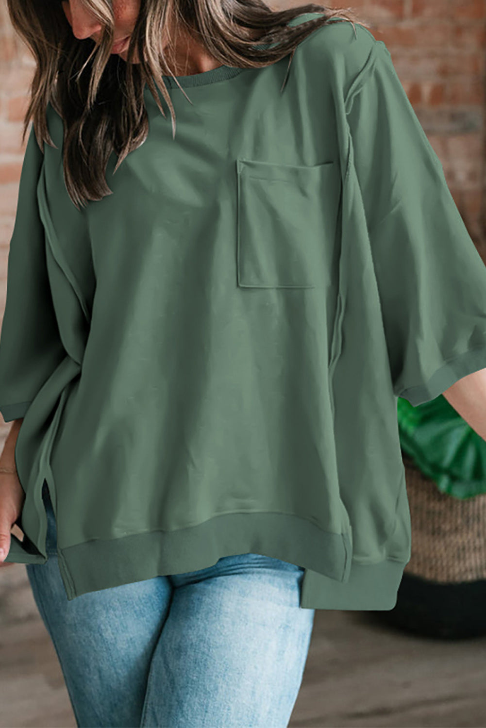 Light Grey Exposed Seam Pocket Side Split Loose T Shirt