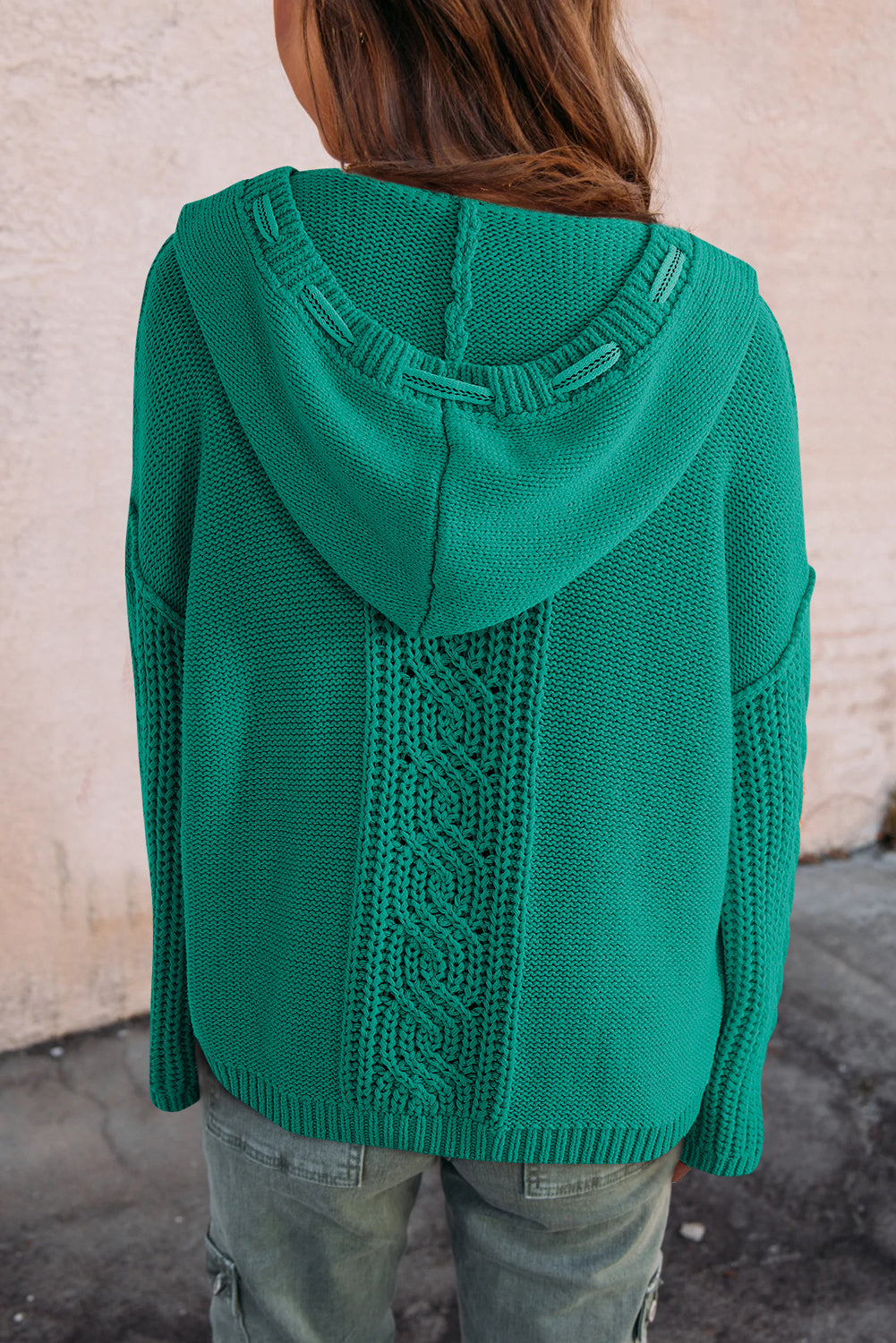 Sea Green Cable Knit V Neck Contrast Drawstring Hooded Sweater