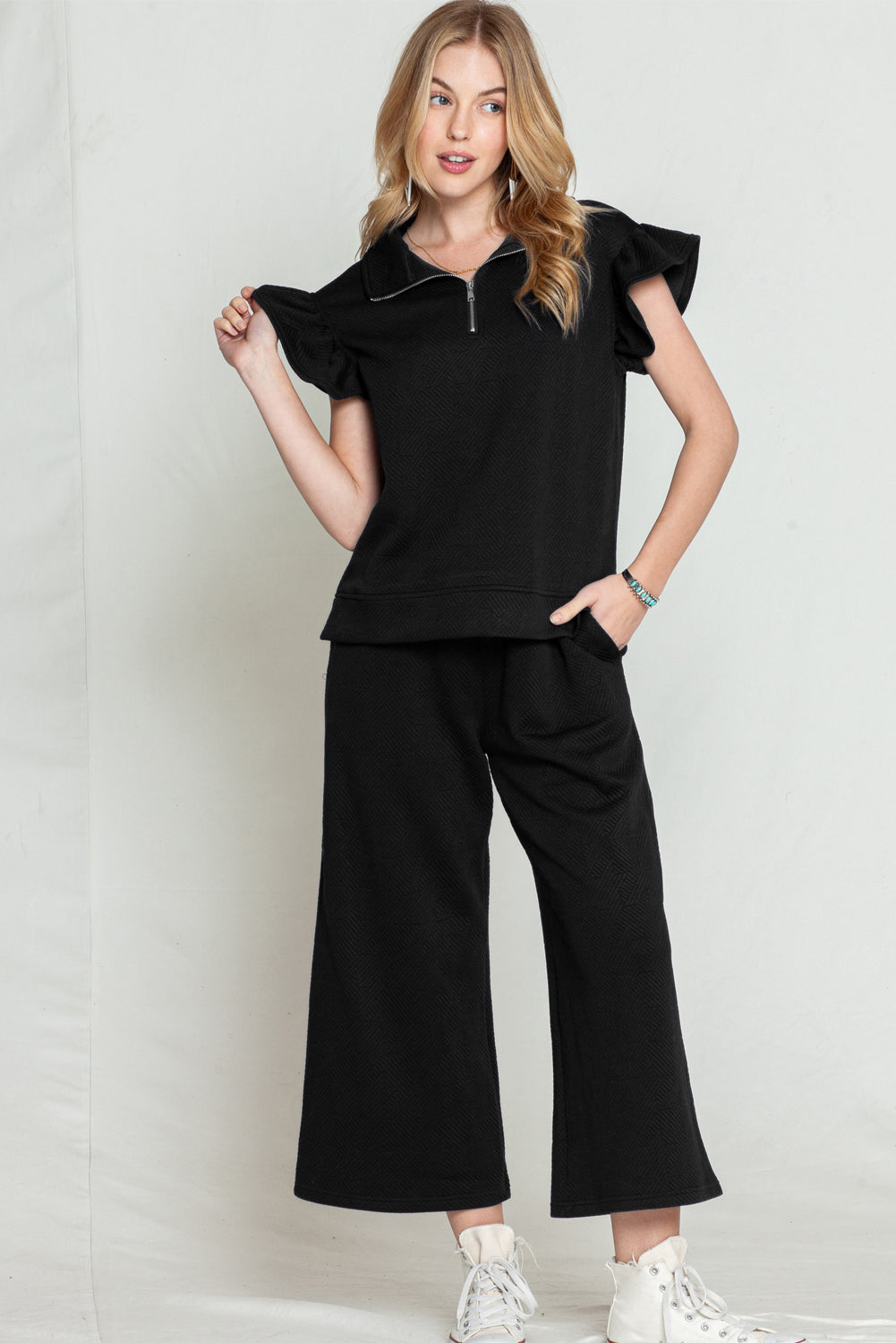 Black Textured Ruffle Cap Sleeve Top and Wide Leg Pants Set