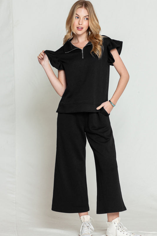 Black Textured Ruffle Cap Sleeve Top and Wide Leg Pants Set