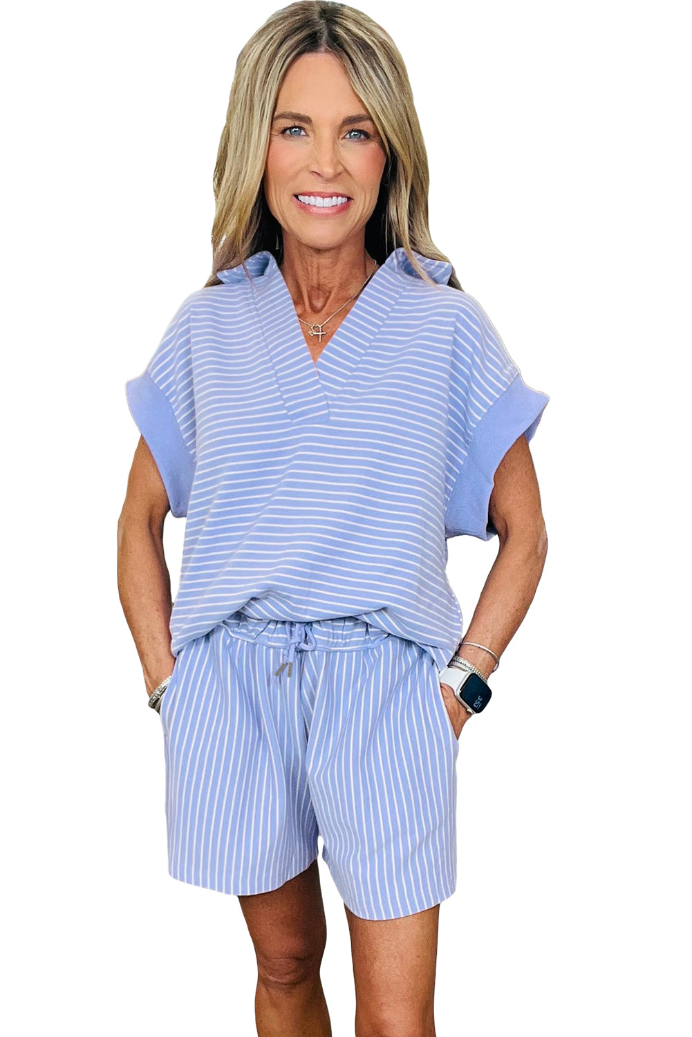 Sky Blue Striped Dolman Sleeve Pullover and Drawstring Shorts Set