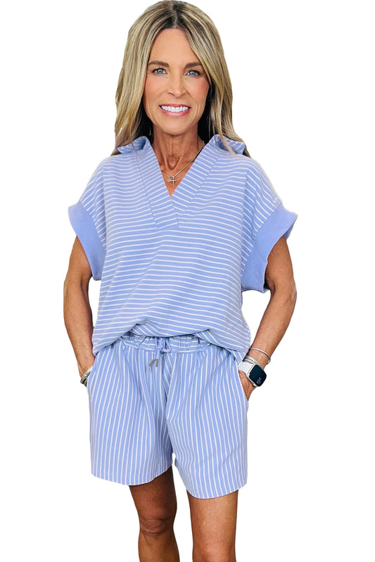 Sky Blue Striped Dolman Sleeve Pullover and Drawstring Shorts Set