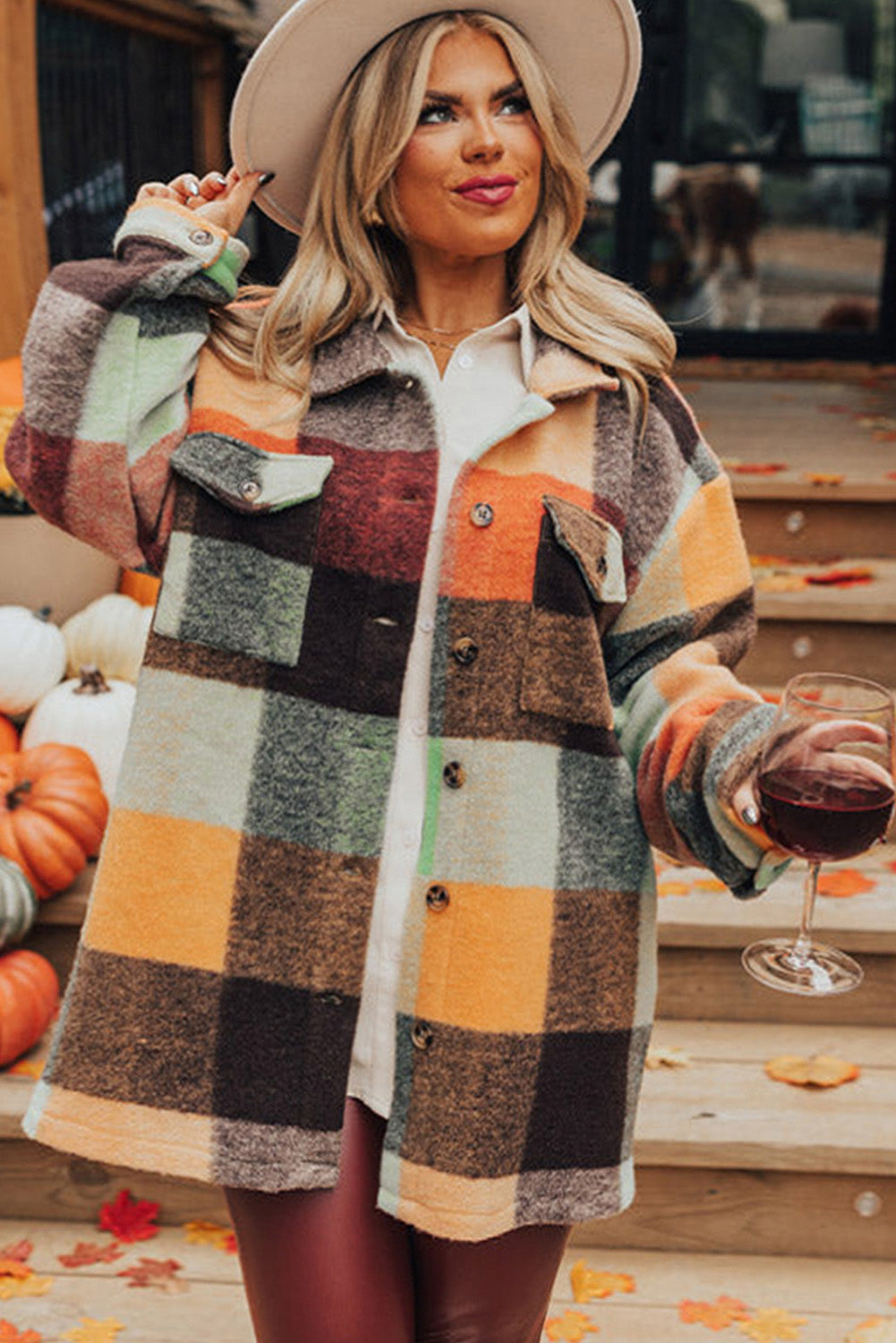 Orange Plaid Print Flap Pocket Shacket