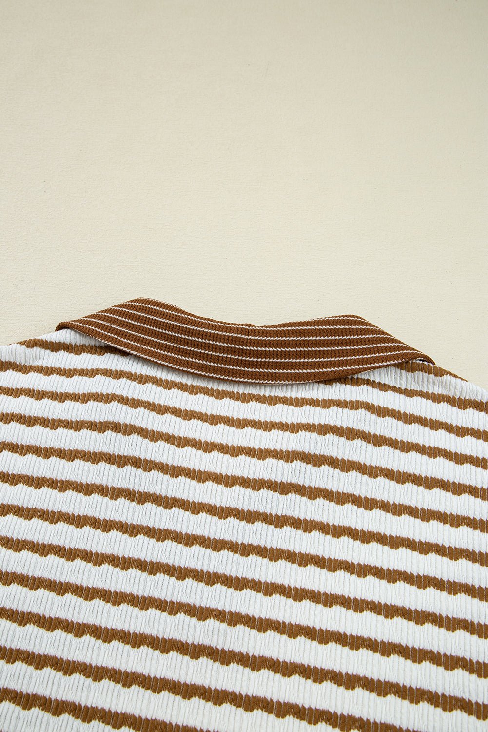 Khaki Stripe Textured Collared Pullover Top and Drawstring Pants Set