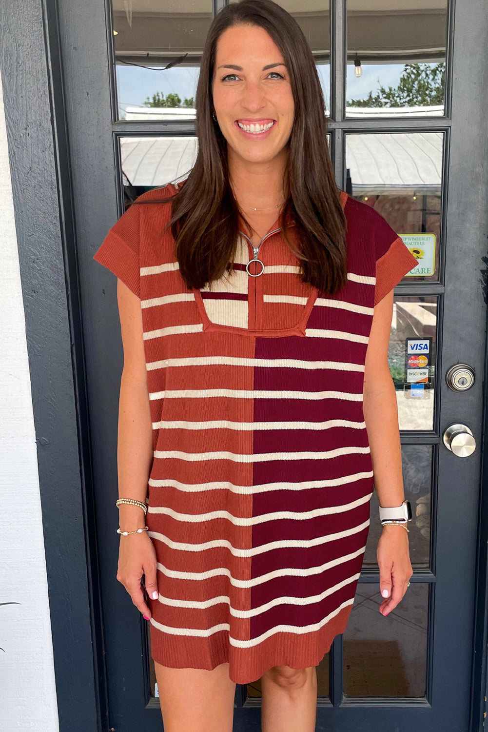 Black Stripe Color Block Short Sleeve Quarter Zip Mini Dress