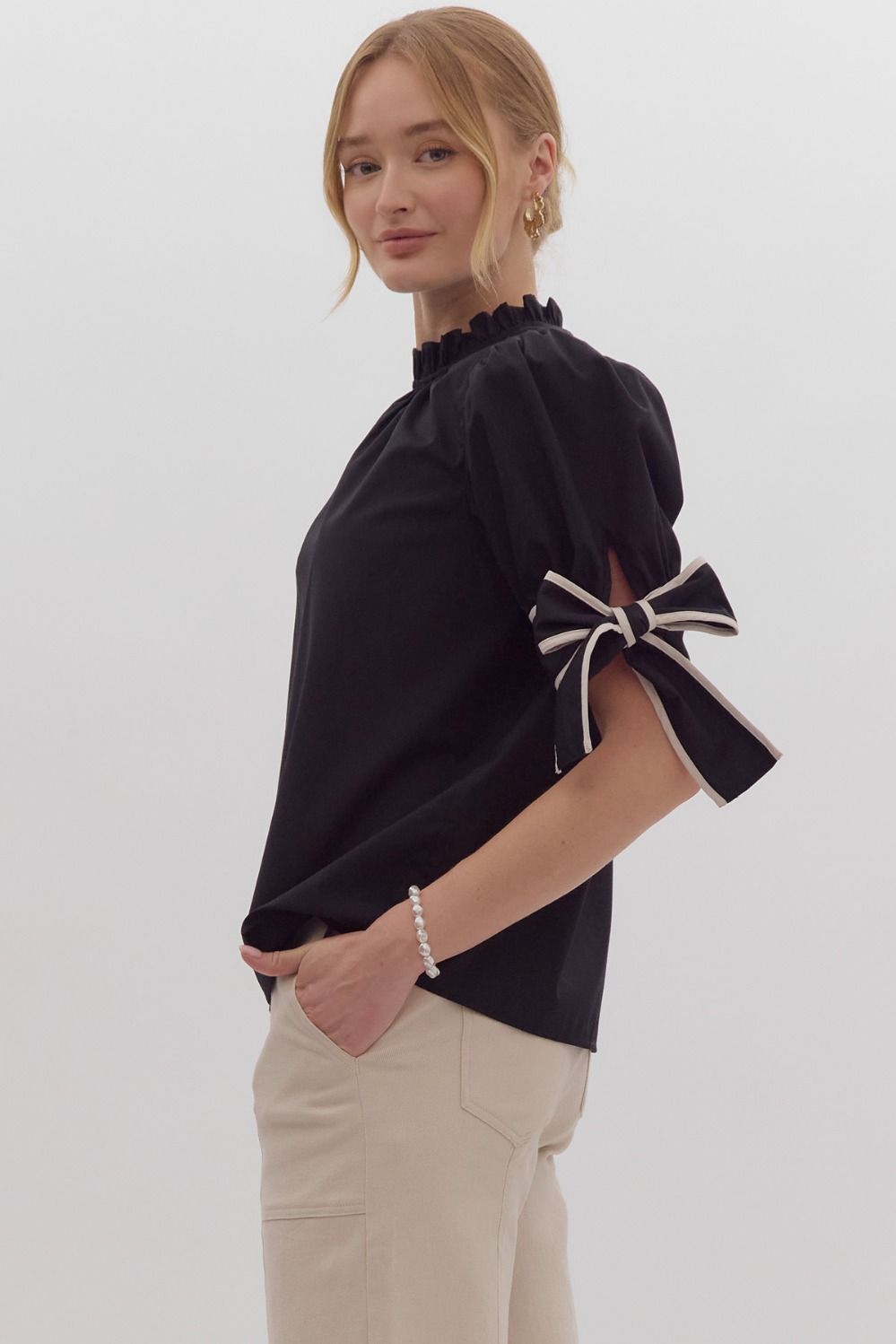 Solid Bow Tie Sleeve Blouse in Black