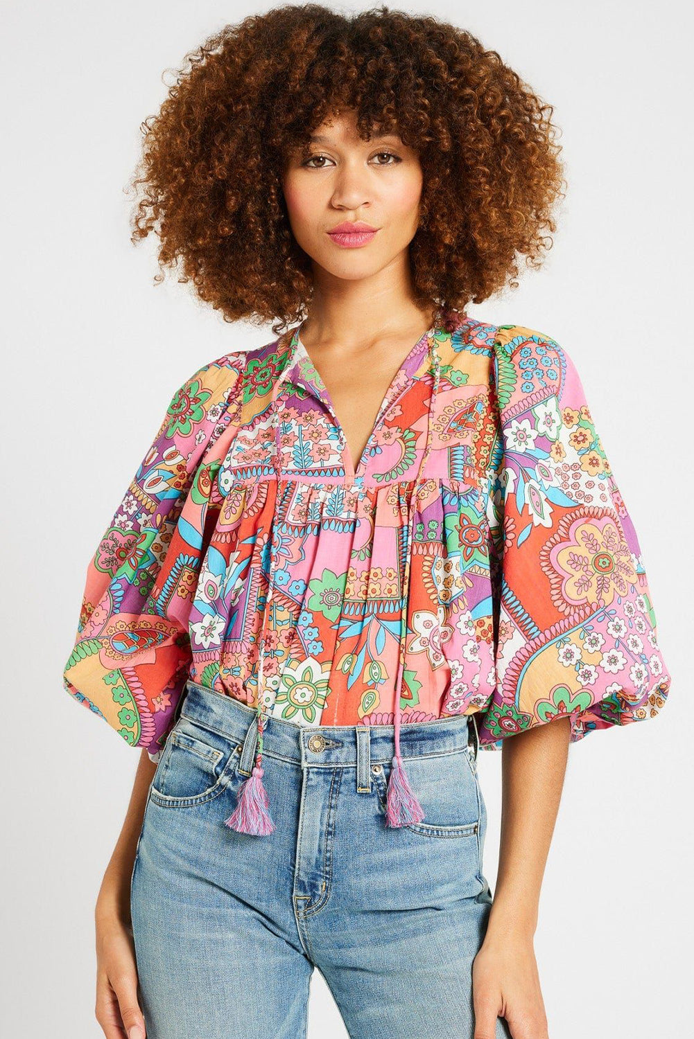 Multicolour Boho Floral Tie V Neck Pleated Blouse