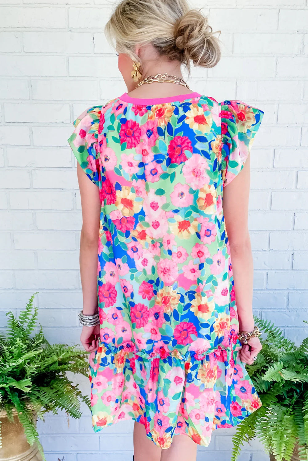 Multicolour Vibrant Floral Print Cap Sleeve Frill Dress