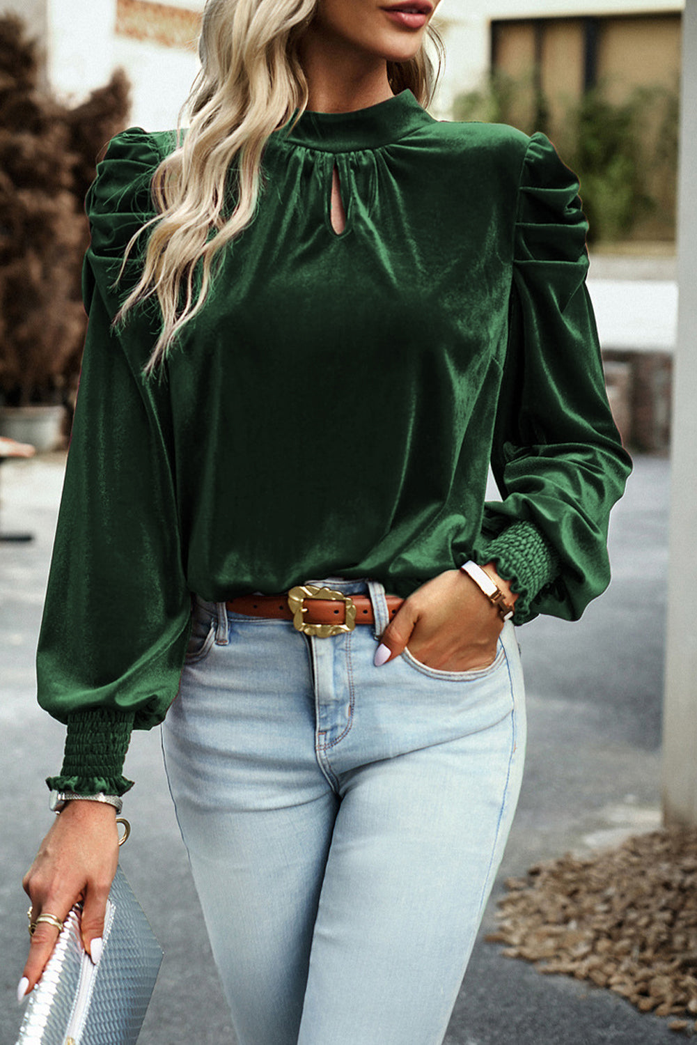 Peach Blossom Mock Keyhole Neck Puff Sleeve Velvet Blouse