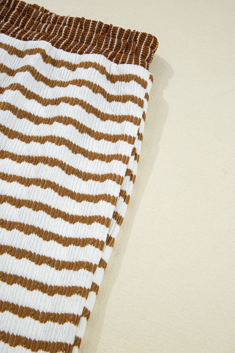 Khaki Stripe Textured Collared Pullover Top and Drawstring Pants Set