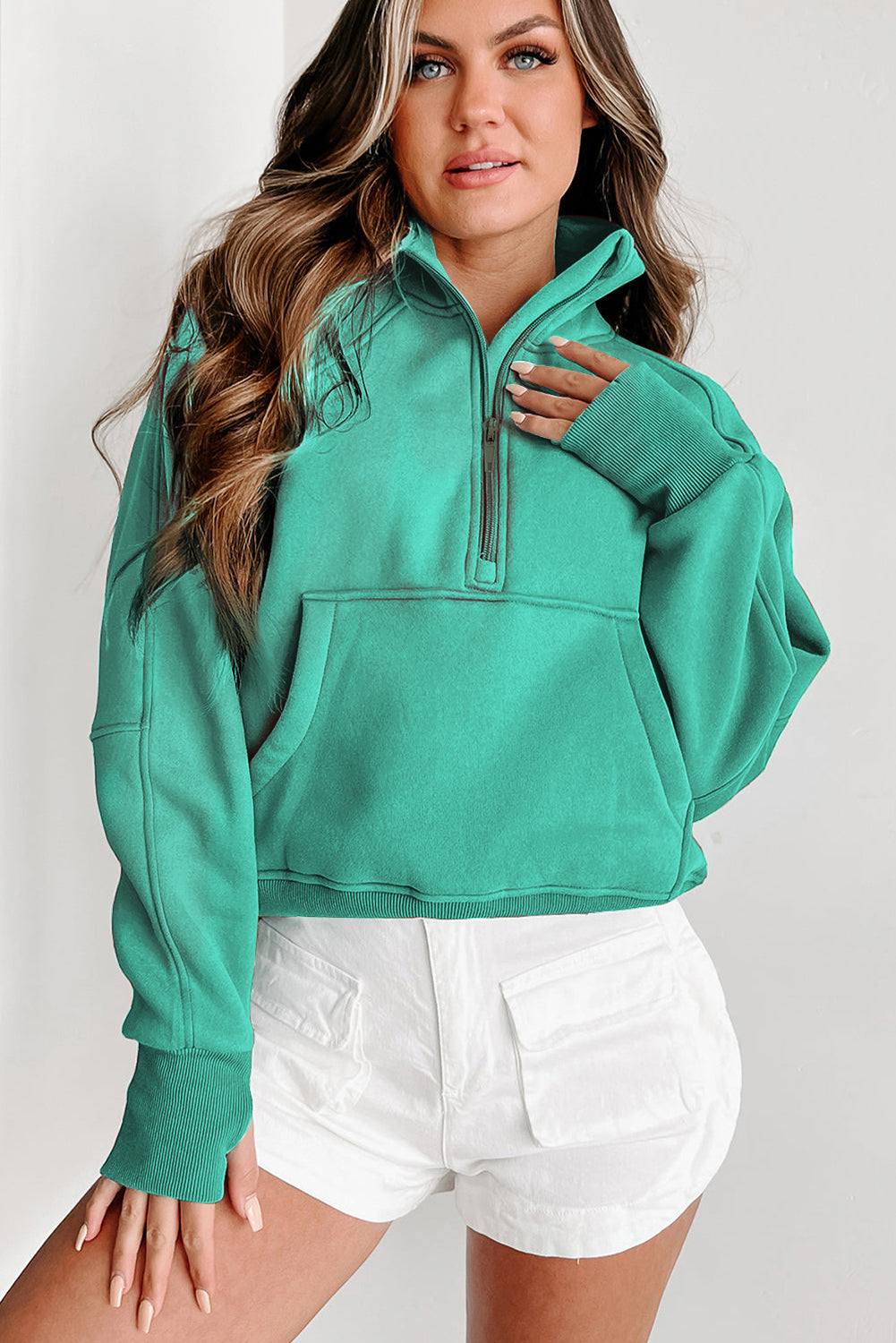 Smoke Green Zip Up Stand Collar Ribbed Thumbhole Sleeve Sweatshirt