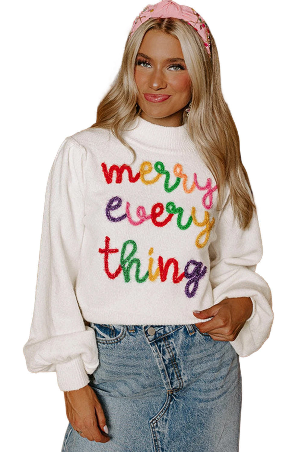 White Colorful Tinsel Merry Every Thing Graphic Mock Neck Sweater