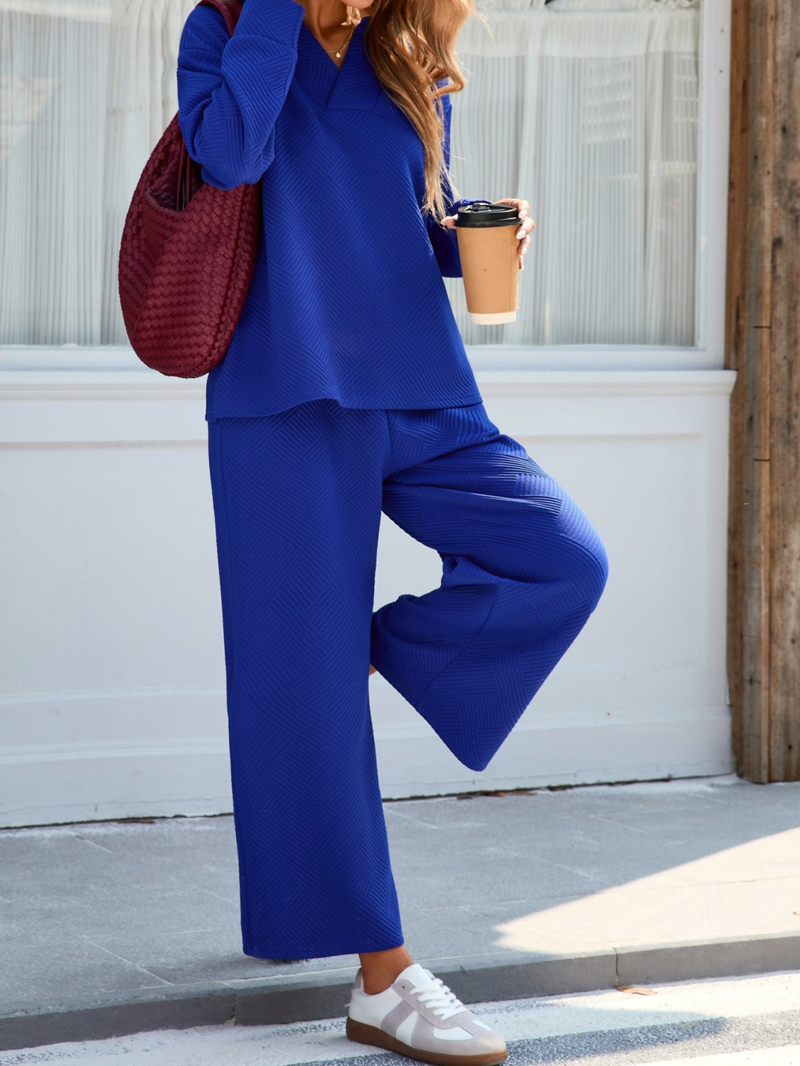 Johnny Collar Long Sleeve Top and Wide Leg Pants Set