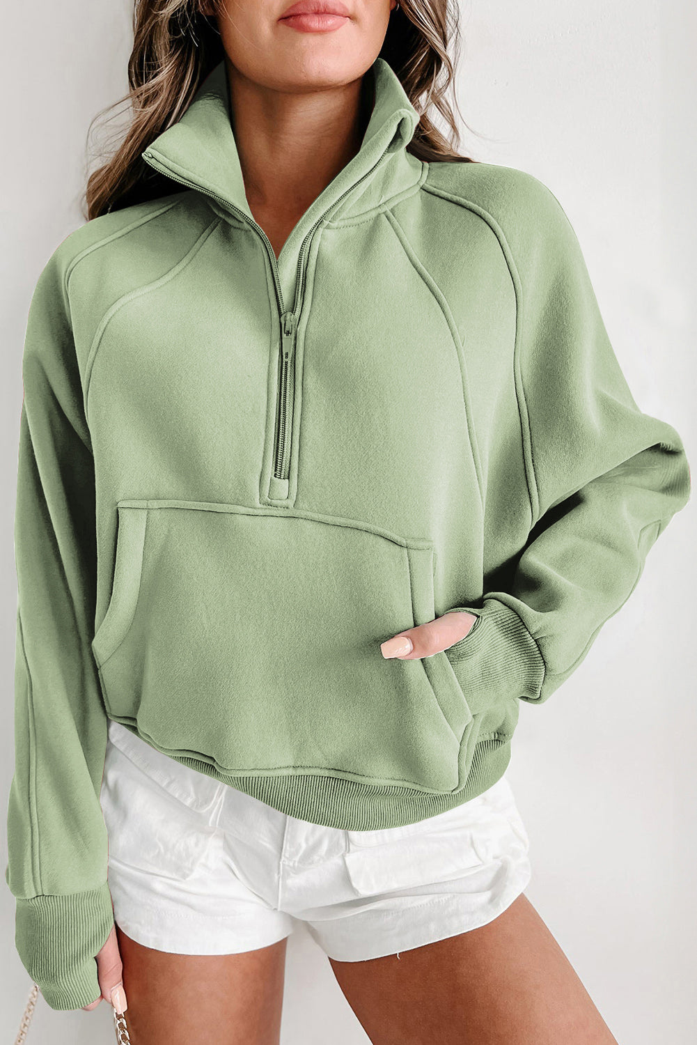 Smoke Green Zip Up Stand Collar Ribbed Thumbhole Sleeve Sweatshirt