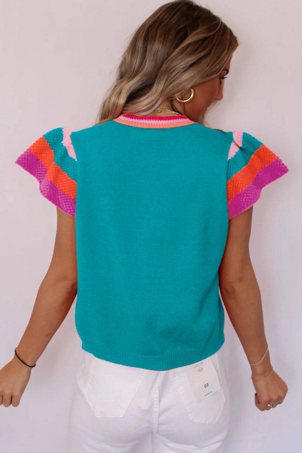 Bright Pink Contrast Sleeve Striped Round Neck Knitted Tee