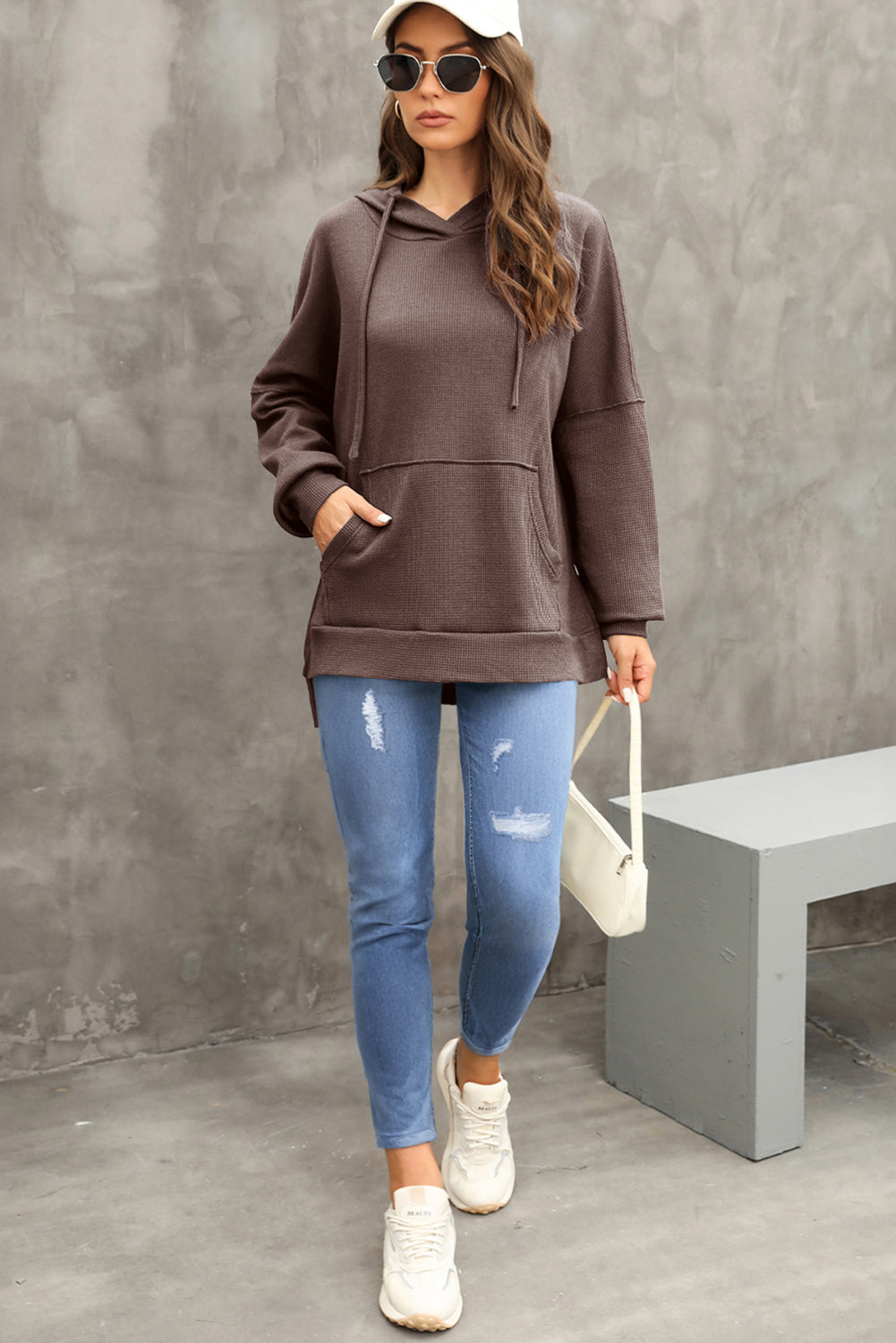 Gray Waffle Knit High Low Oversized Hoodie