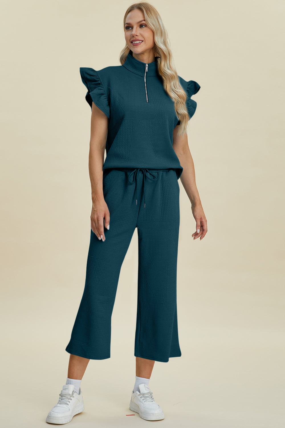 Double Take Full Size Texture Ruffle Short Sleeve Top and Wide Leg Pants Set