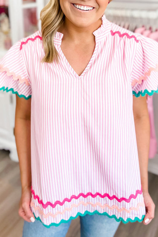 Pink Striped Ricrac Splicing Frill V-Neck Blouse