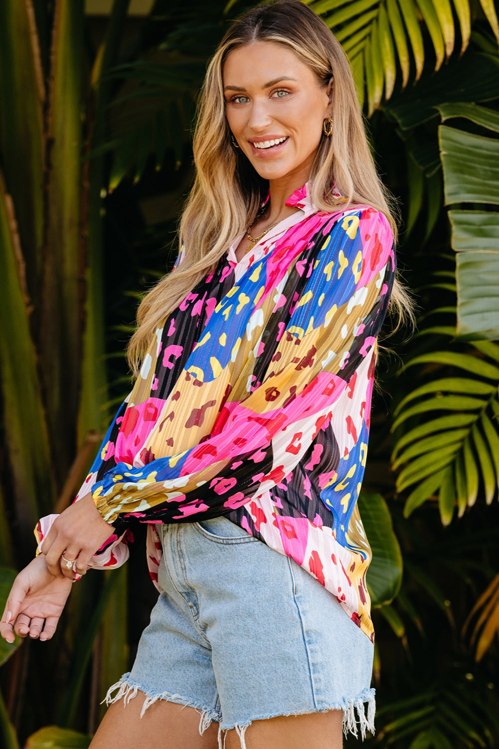 Printed Notched Long Sleeve Blouse