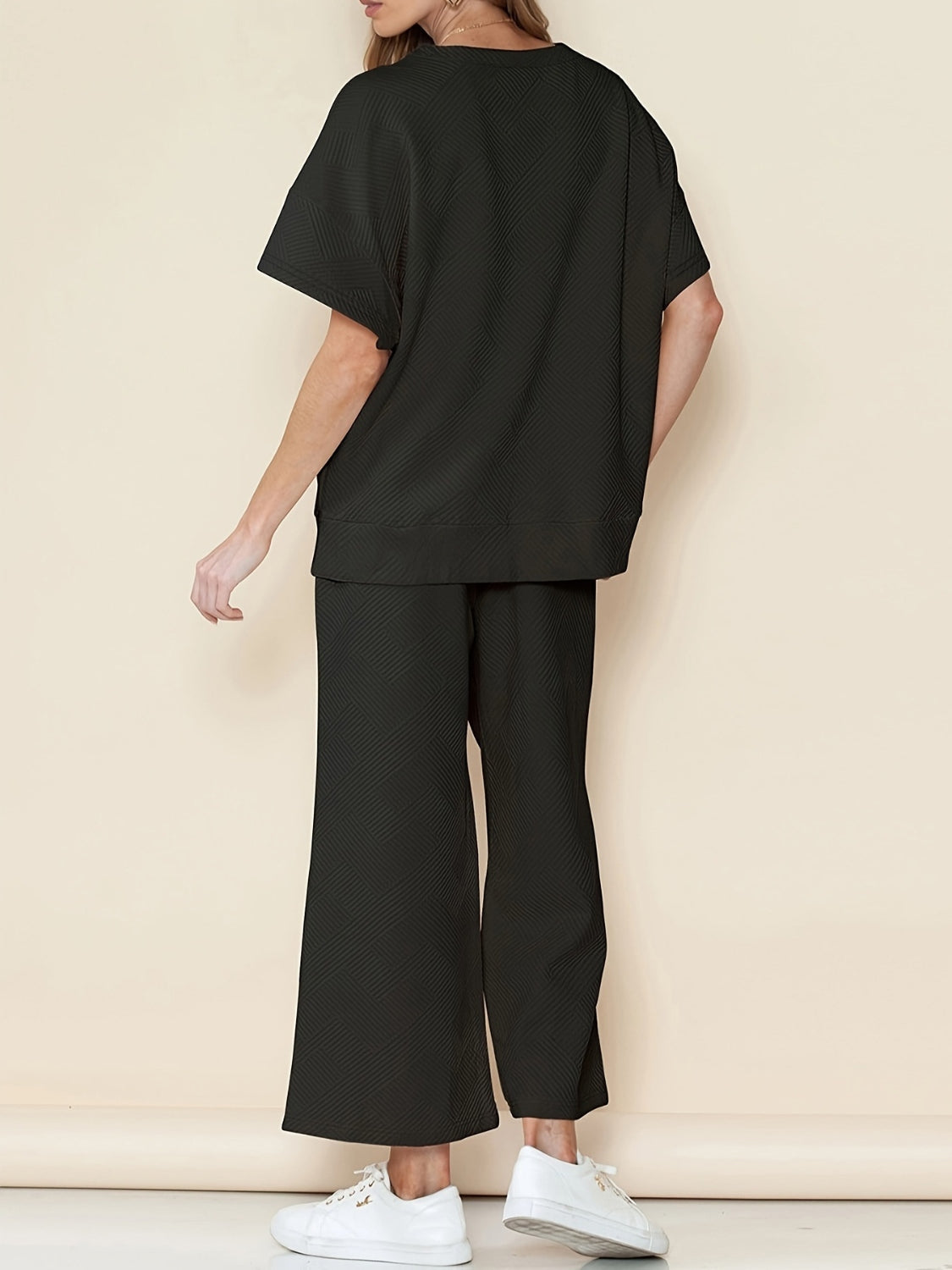 Full Size Texture Short Sleeve T-Shirt and Wide Leg Pants Set