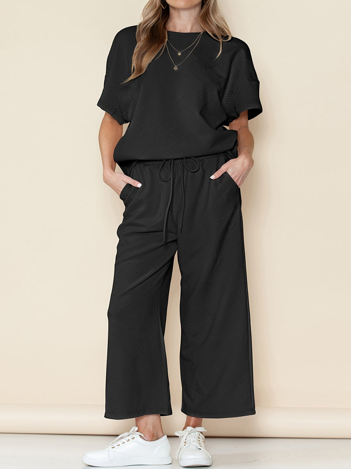 Full Size Texture Short Sleeve T-Shirt and Wide Leg Pants Set