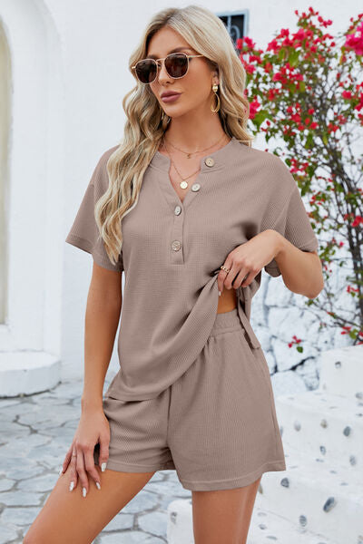 Notched Button Detail Dropped Shoulder Top and Shorts Set