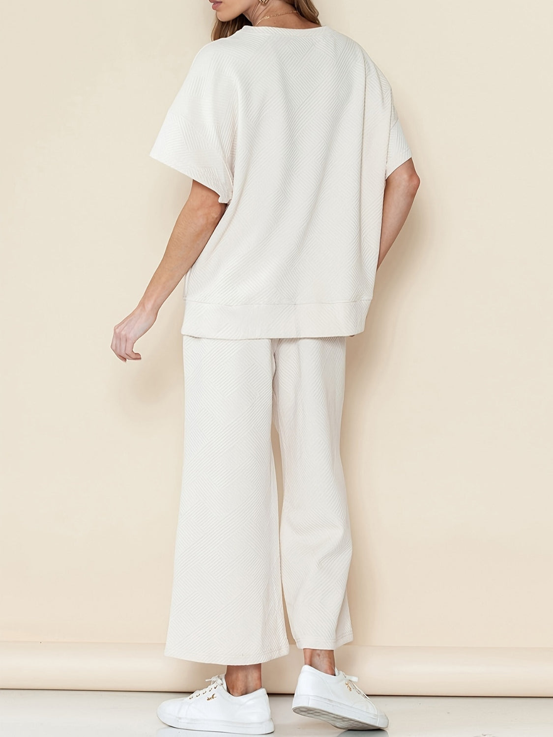 Full Size Texture Short Sleeve T-Shirt and Wide Leg Pants Set