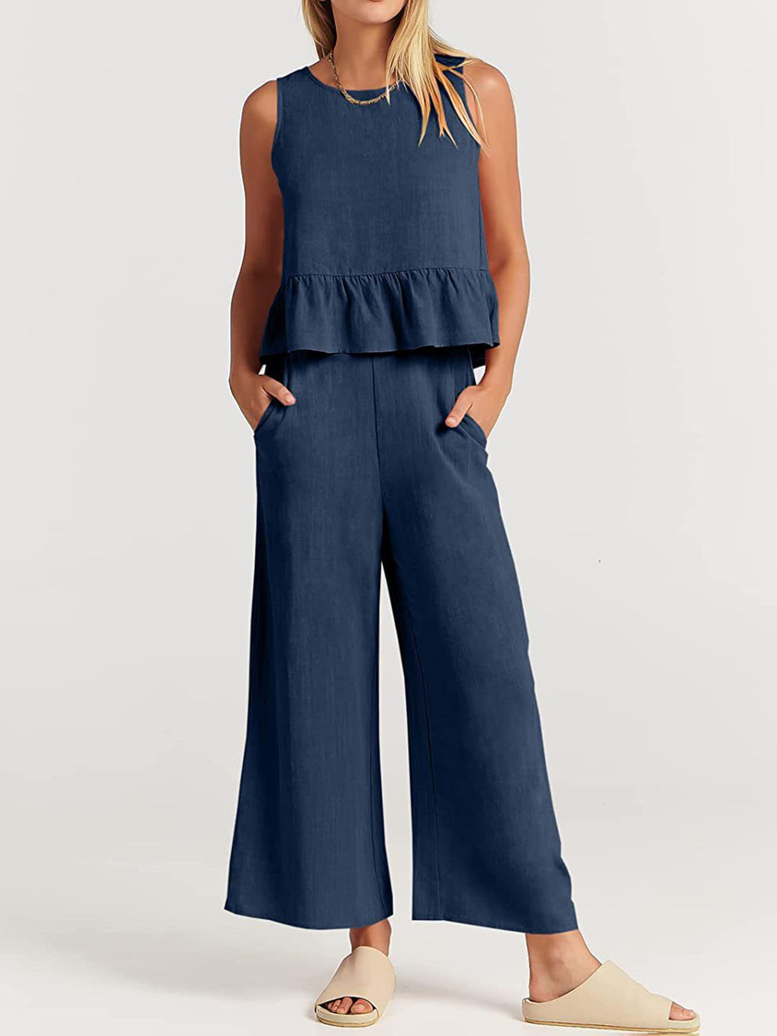 Full Size Round Neck Top and Wide Leg Pants Set