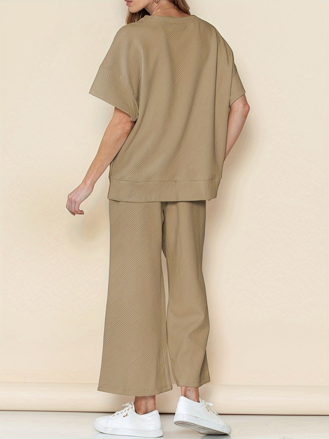 Full Size Texture Short Sleeve T-Shirt and Wide Leg Pants Set