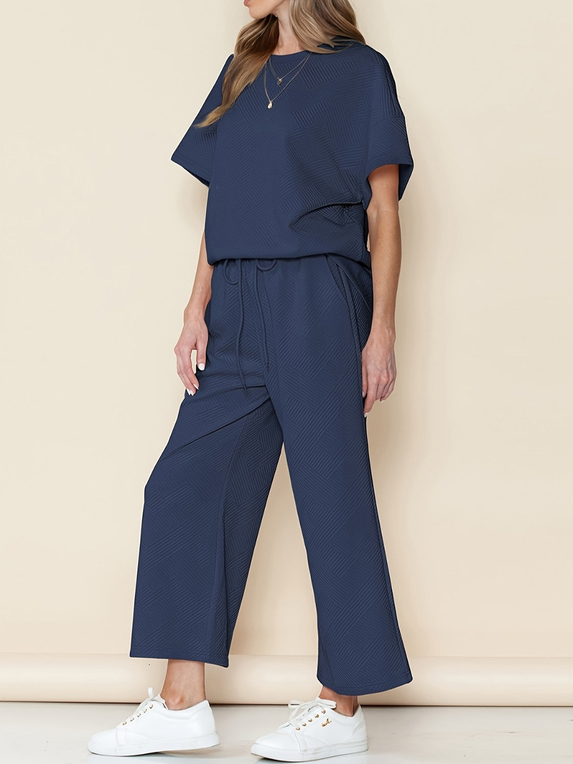 Full Size Texture Short Sleeve T-Shirt and Wide Leg Pants Set