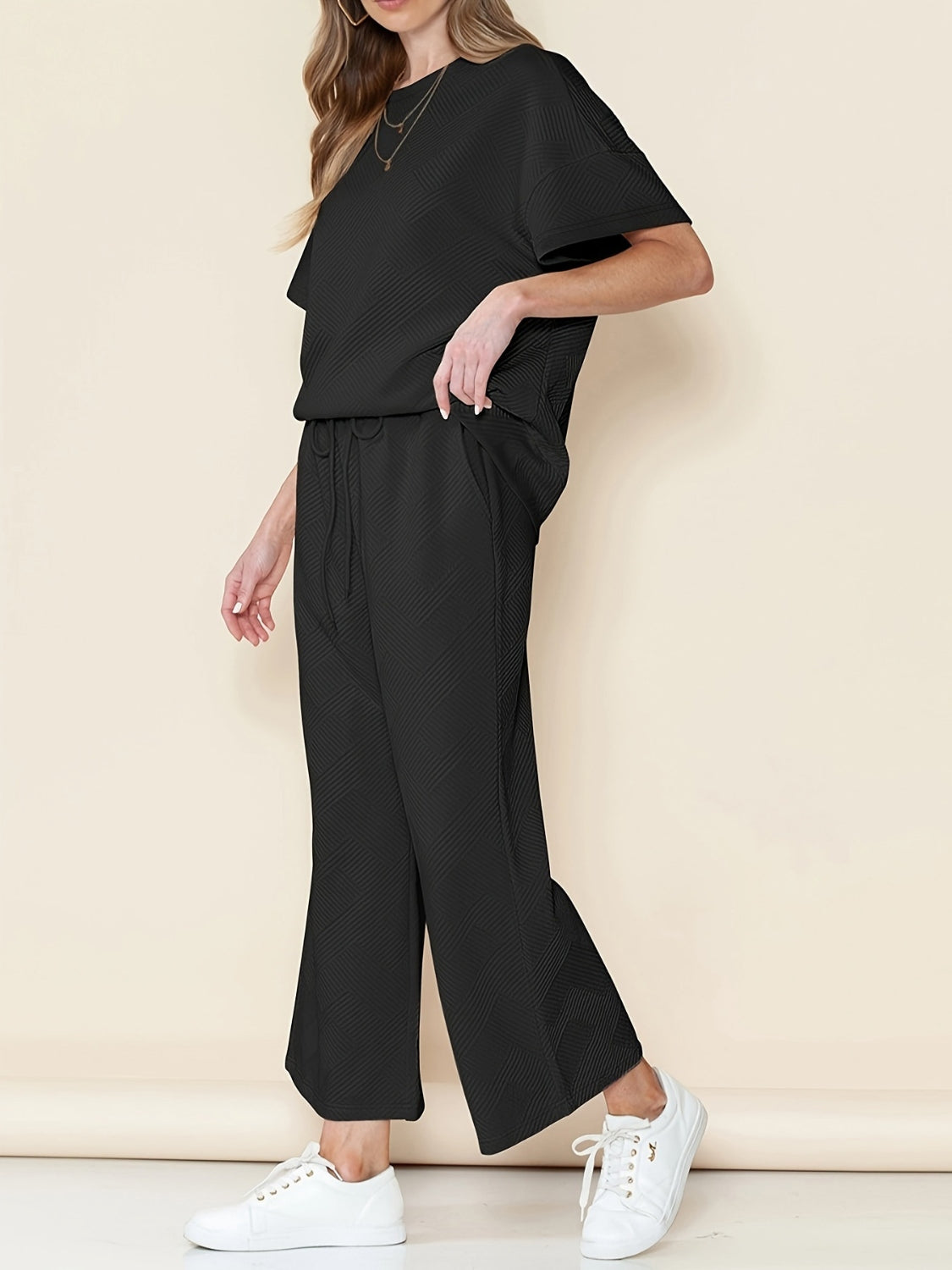 Full Size Texture Short Sleeve T-Shirt and Wide Leg Pants Set