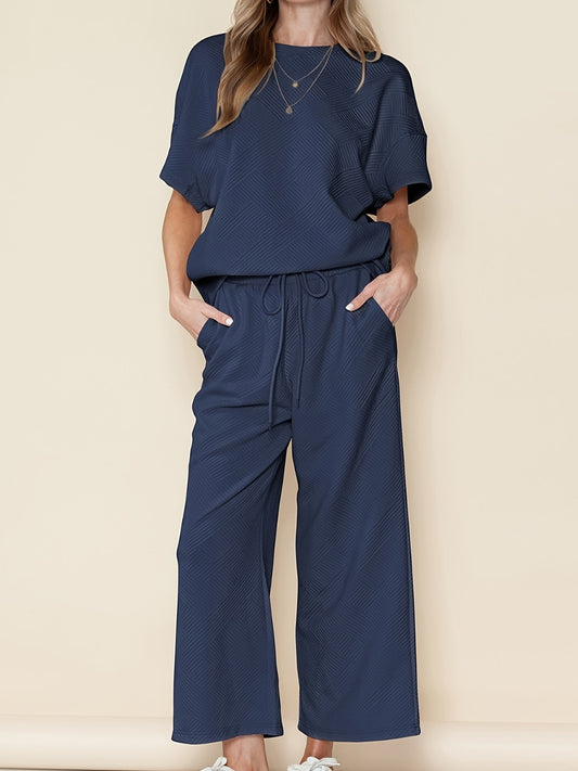 Full Size Texture Short Sleeve T-Shirt and Wide Leg Pants Set