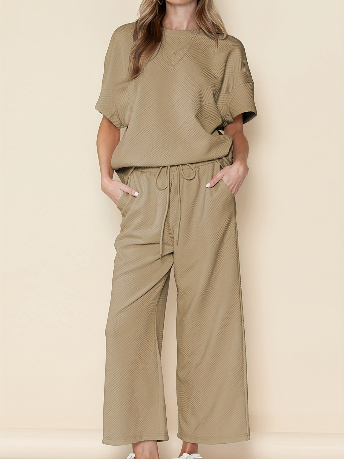 Full Size Texture Short Sleeve T-Shirt and Wide Leg Pants Set