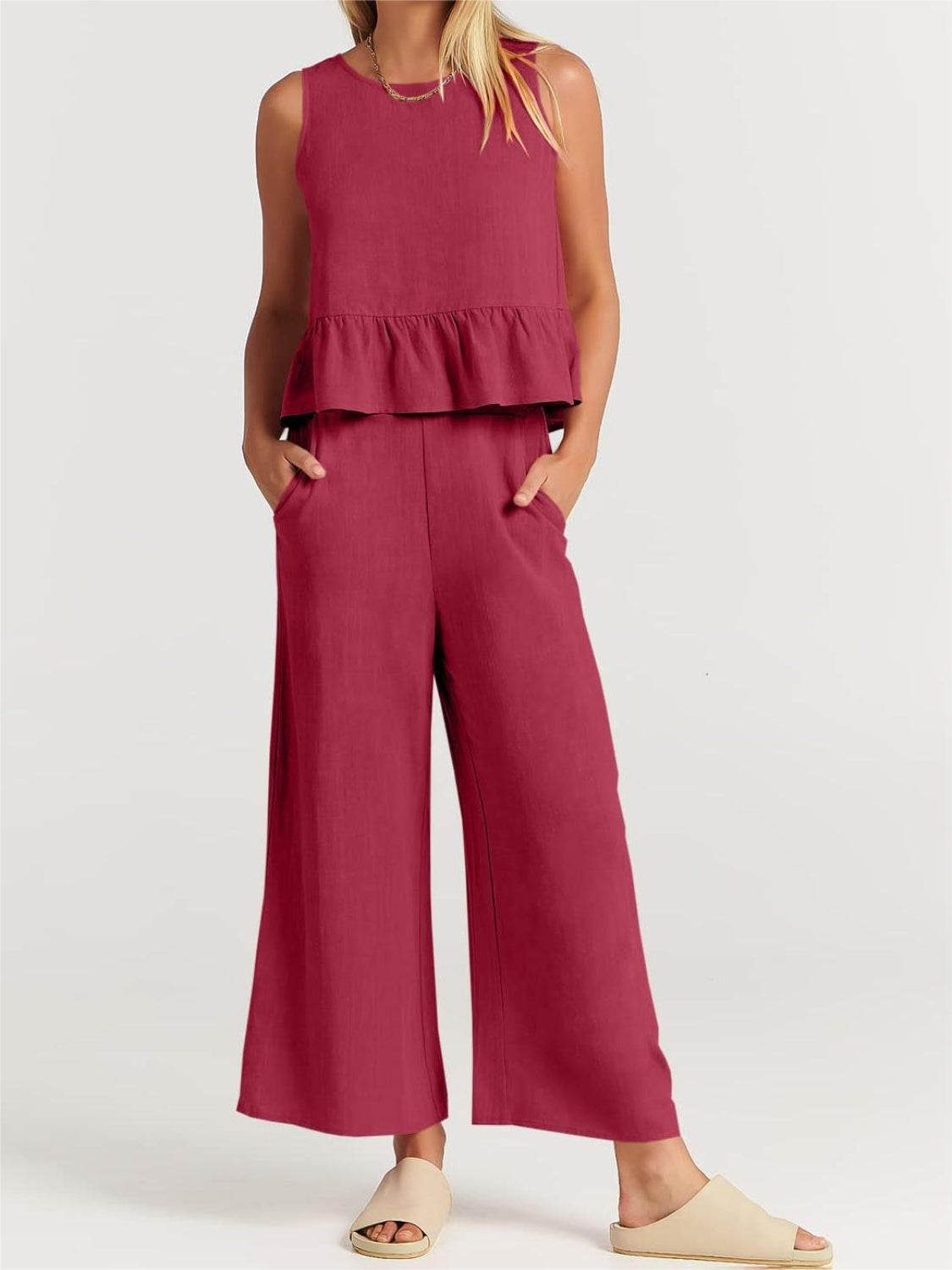 Full Size Round Neck Top and Wide Leg Pants Set