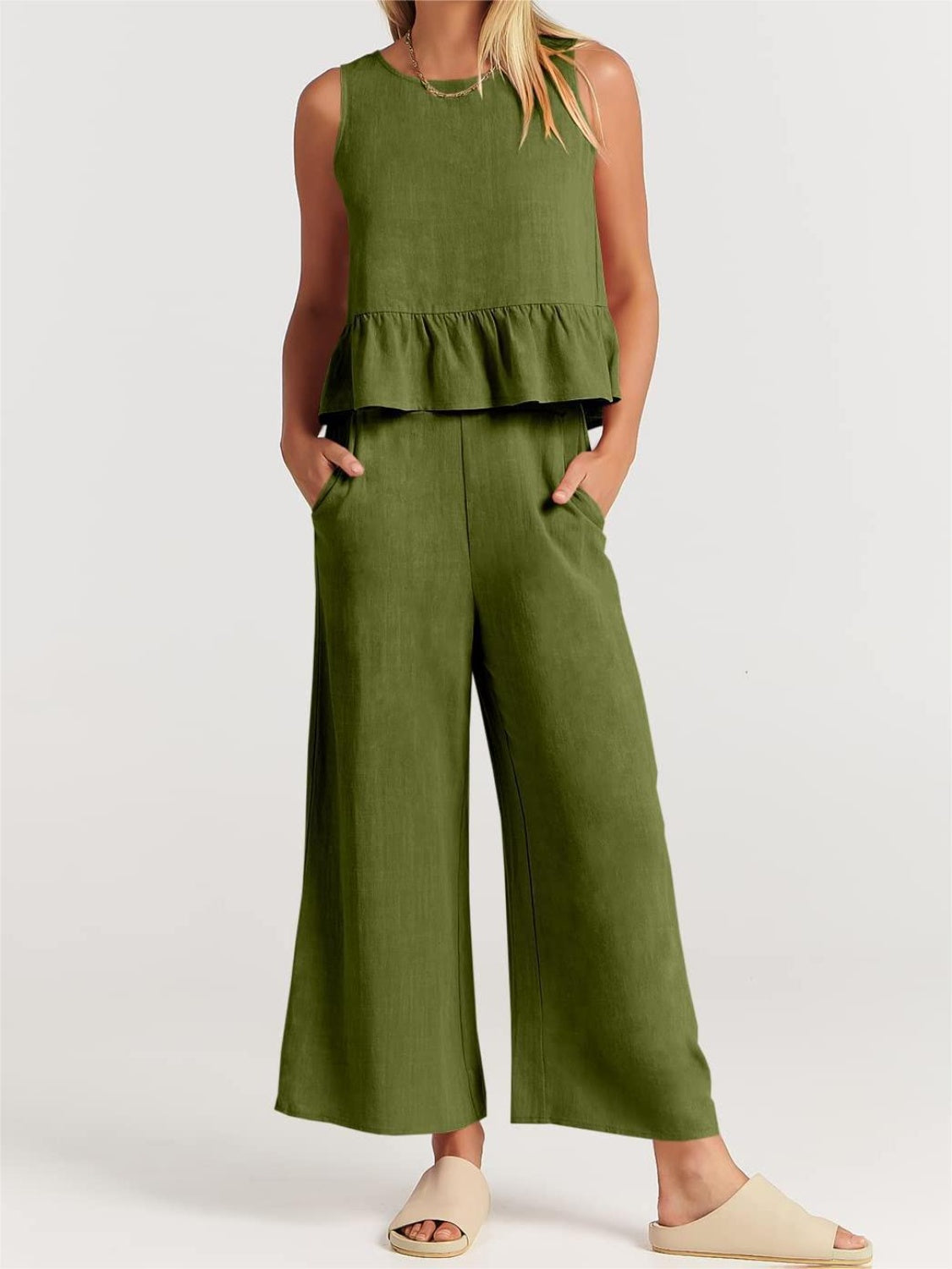 Full Size Round Neck Top and Wide Leg Pants Set