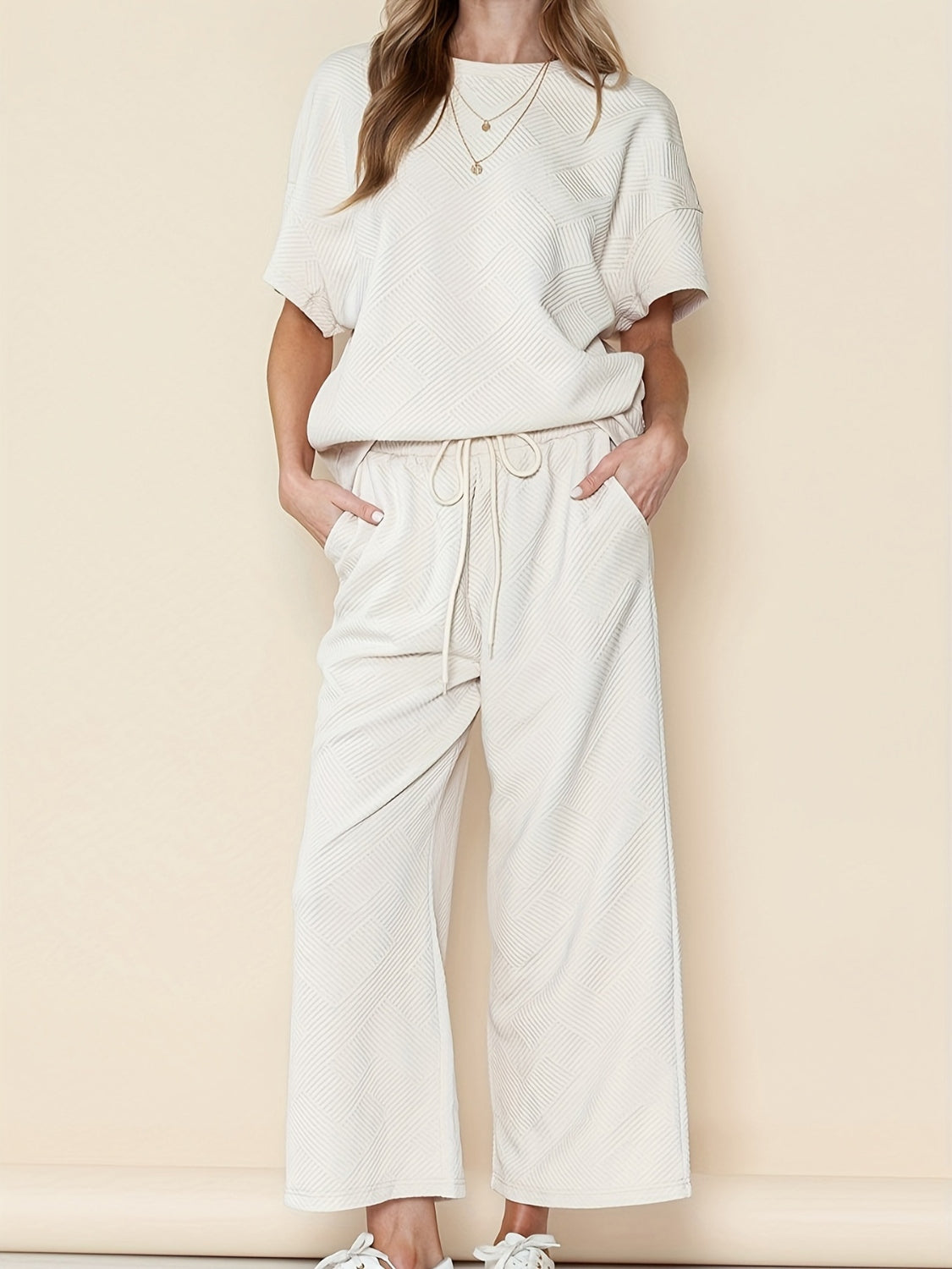 Full Size Texture Short Sleeve T-Shirt and Wide Leg Pants Set